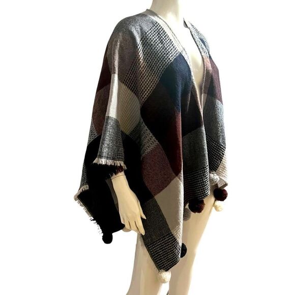 Plaid Knit Poncho Sweater Black Brown Cream Gray by LOFT OS - Picture 3 of 7